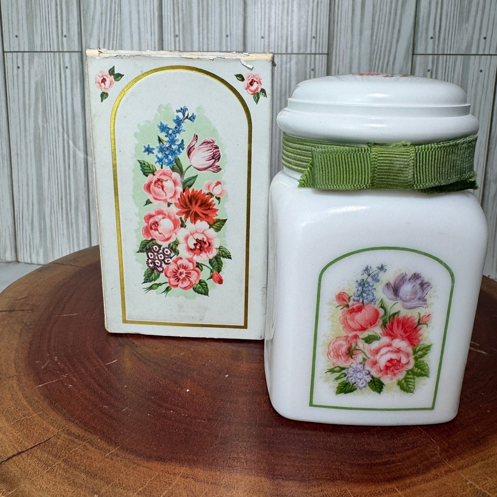 Vintage Avon Country Garden Bird of Paradise Beauty Dust Milk Glass Jar with Box